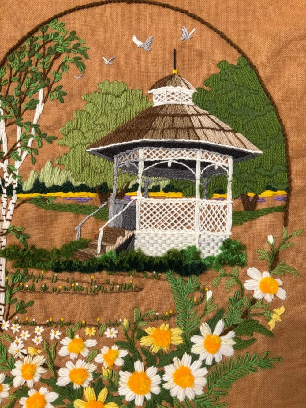 Vintage 1979 Sunset Designs Crewel Embroidery Gazebo Cottage Garden